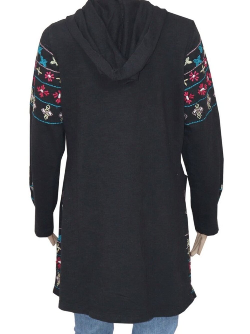 Caite Floral Embroidered Front Open Long Sleeve Asymmetrical Robe Hoodie - Picture 3 of 6